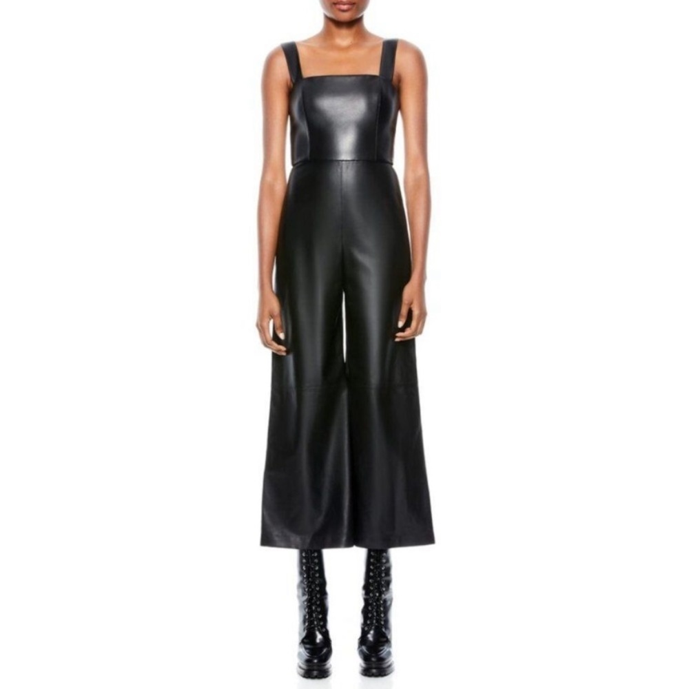Alice + Olivia Avelina Black Vegan Leather Wide Leg Jumpsuit Size 2 - Picture 2 of 8